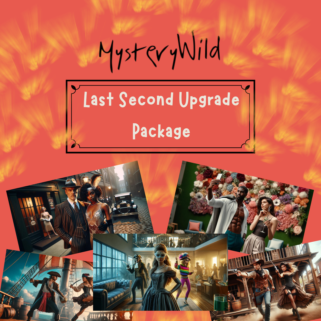 Promotional graphic for 'Last Second Upgrade Package' by MysteryWild with various images of people in different settings on a fiery orange background.