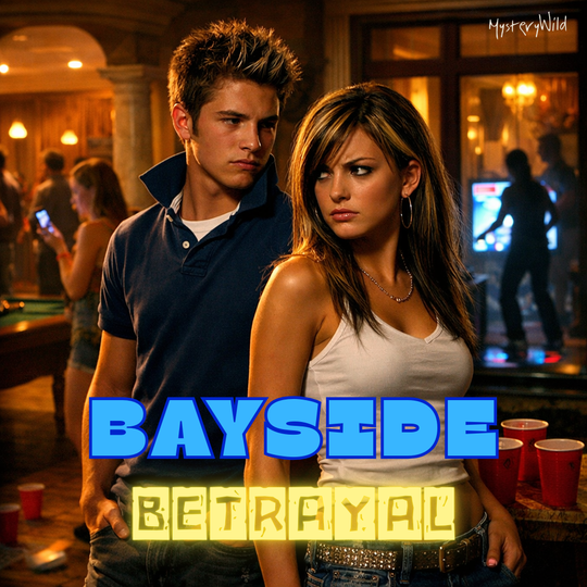 Two people standing in a house party with 'Bayside Betrayal' text overlay