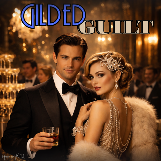 Man in tuxedo and woman in glamorous outfit with 'Gilded Guilt' text in a luxurious setting.